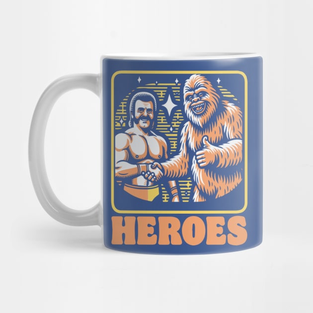 Heroes! Funny Sasquatch and Eighties WWF Wrestler Shaking Hands by robotbasecamp